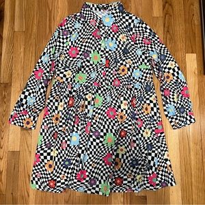 Long sleeve button up collared warped checkered and colorful flower print dress